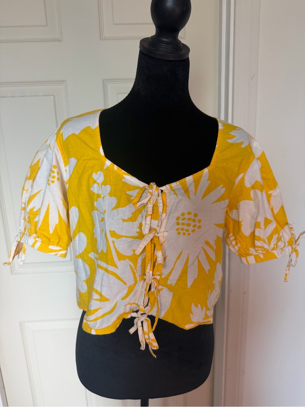 Yellow Floral Tie-Front Crop Top